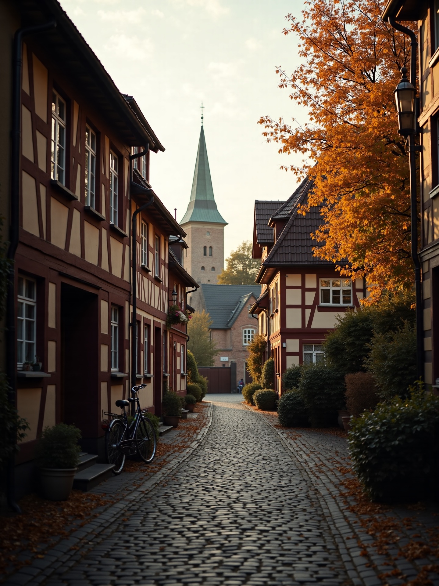 Village street with half-timbered houses, example image for automatic image description